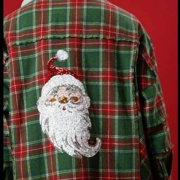 NEW Plaid Shacket Hoodie with Sequin Santa on Back - Picture 7 of 9
